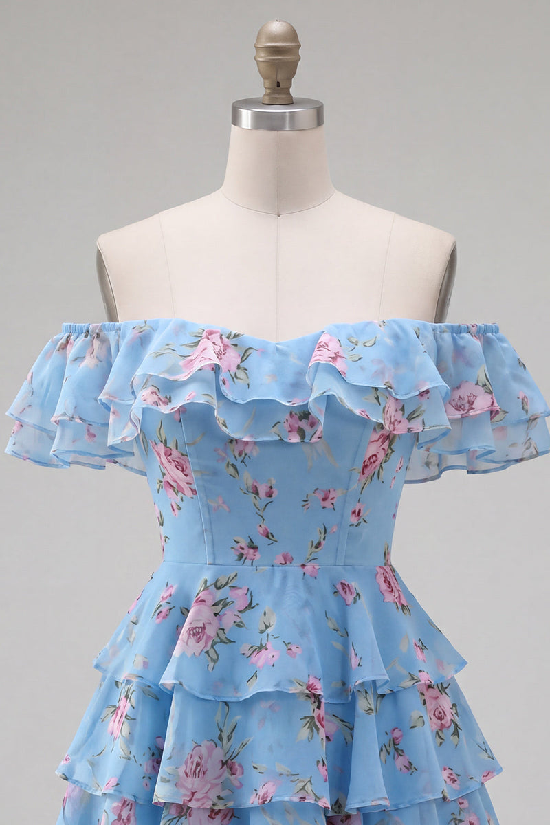 Load image into Gallery viewer, Blue Floral Ruffled A-Line Tiered Short Corset Cocktail Dress