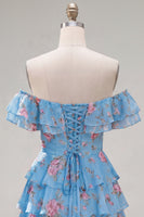 Load image into Gallery viewer, Blue Floral Ruffled A-Line Tiered Short Corset Cocktail Dress