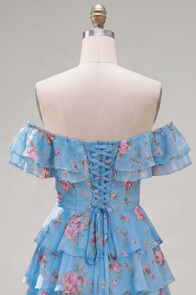 Load image into Gallery viewer, Blue Floral Ruffled A-Line Tiered Short Corset Cocktail Dress