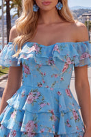 Load image into Gallery viewer, Blue Floral Ruffled A-Line Tiered Short Corset Cocktail Dress