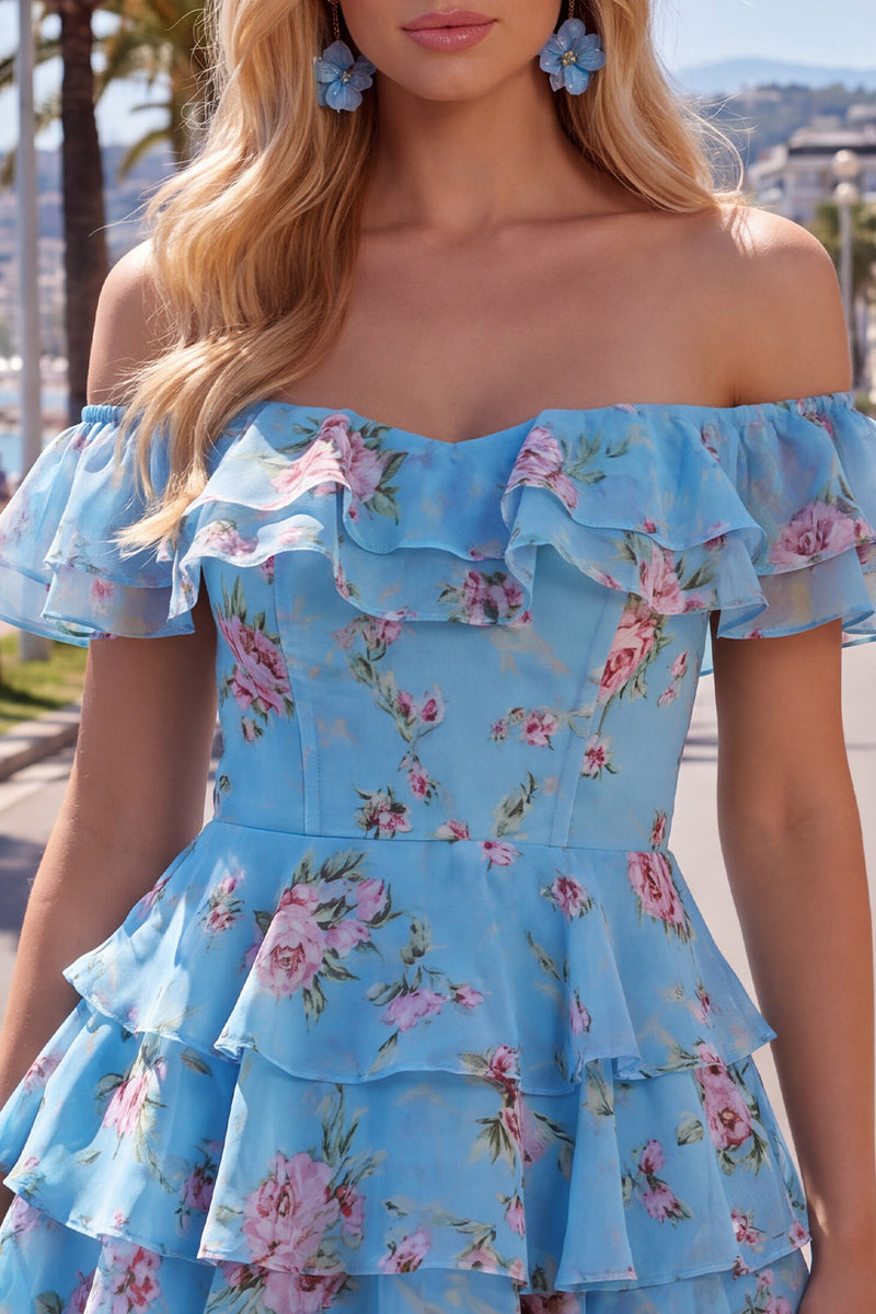 Load image into Gallery viewer, Blue Floral Ruffled A-Line Tiered Short Corset Cocktail Dress
