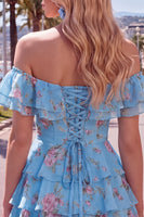 Load image into Gallery viewer, Blue Floral Ruffled A-Line Tiered Short Corset Cocktail Dress