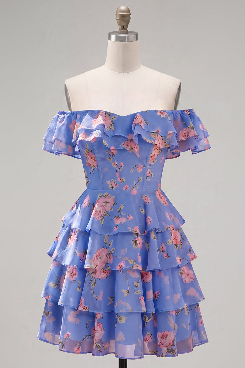 Load image into Gallery viewer, Blue Floral Ruffled A-Line Tiered Short Corset Cocktail Dress