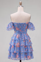 Load image into Gallery viewer, Blue Floral Ruffled A-Line Tiered Short Corset Cocktail Dress