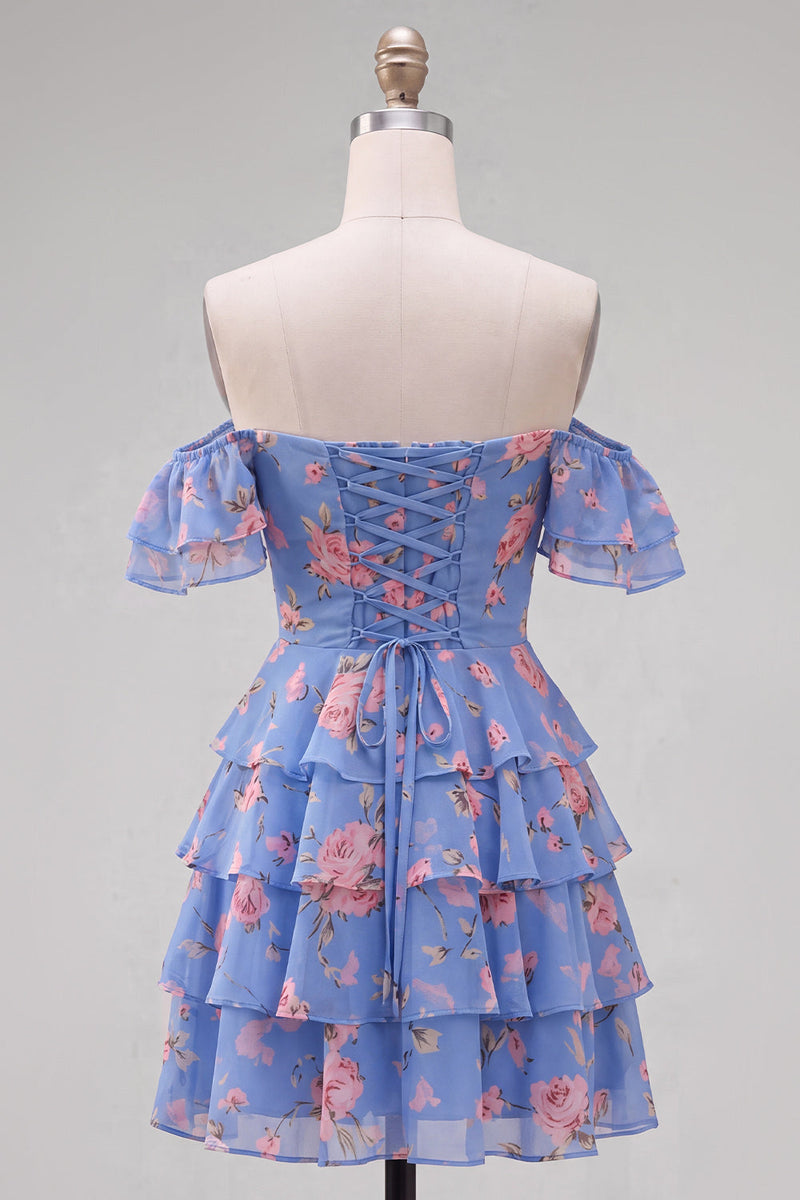 Load image into Gallery viewer, Blue Floral Ruffled A-Line Tiered Short Corset Cocktail Dress