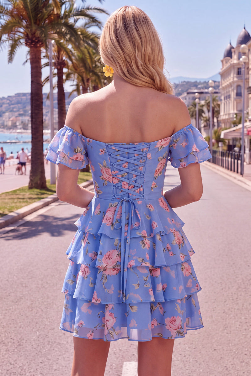 Load image into Gallery viewer, Blue Floral Ruffled A-Line Tiered Short Corset Cocktail Dress
