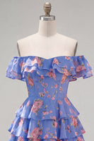 Load image into Gallery viewer, Blue Floral Ruffled A-Line Tiered Short Corset Cocktail Dress