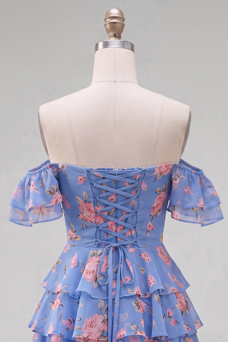 Load image into Gallery viewer, Blue Floral Ruffled A-Line Tiered Short Corset Cocktail Dress