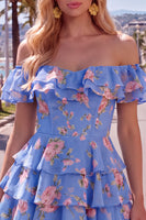 Load image into Gallery viewer, Blue Floral Ruffled A-Line Tiered Short Corset Cocktail Dress