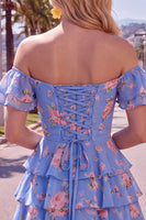 Load image into Gallery viewer, Blue Floral Ruffled A-Line Tiered Short Corset Cocktail Dress