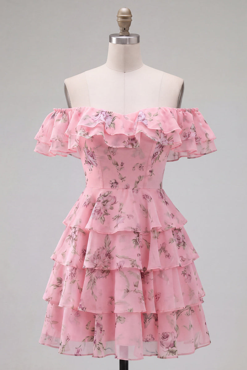 Load image into Gallery viewer, Blue Floral Ruffled A-Line Tiered Short Corset Cocktail Dress