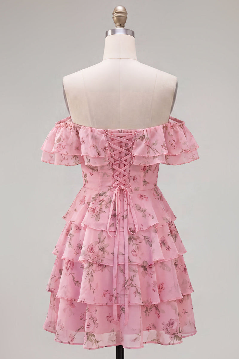 Load image into Gallery viewer, Blue Floral Ruffled A-Line Tiered Short Corset Cocktail Dress