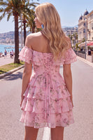 Load image into Gallery viewer, Blue Floral Ruffled A-Line Tiered Short Corset Cocktail Dress