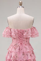 Load image into Gallery viewer, Blue Floral Ruffled A-Line Tiered Short Corset Cocktail Dress