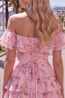 Load image into Gallery viewer, Blue Floral Ruffled A-Line Tiered Short Corset Cocktail Dress