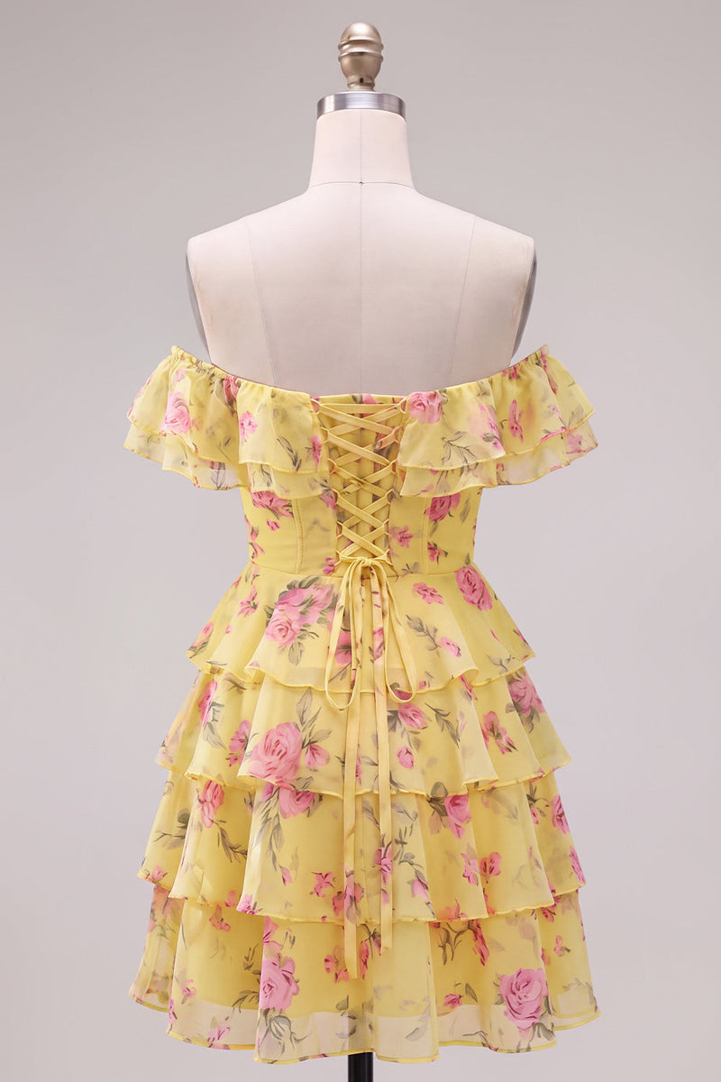 Load image into Gallery viewer, Blue Floral Ruffled A-Line Tiered Short Corset Cocktail Dress