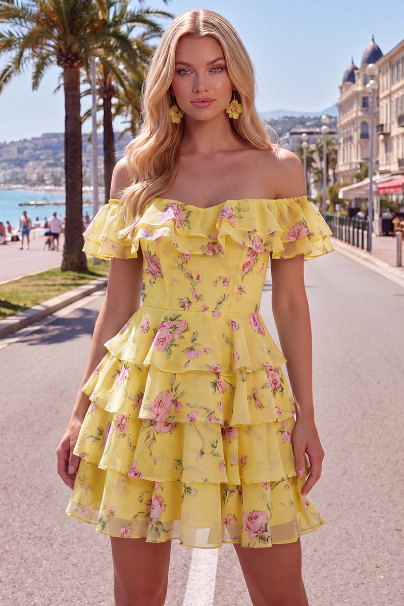 Load image into Gallery viewer, Blue Floral Ruffled A-Line Tiered Short Corset Cocktail Dress
