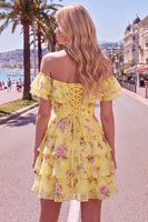 Load image into Gallery viewer, Blue Floral Ruffled A-Line Tiered Short Corset Cocktail Dress