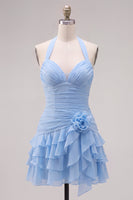 Load image into Gallery viewer, Blue Ruffled Halter Ruched Short Cocktail Dress with 3D Flower