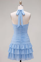 Load image into Gallery viewer, Blue Ruffled Halter Ruched Short Cocktail Dress with 3D Flower