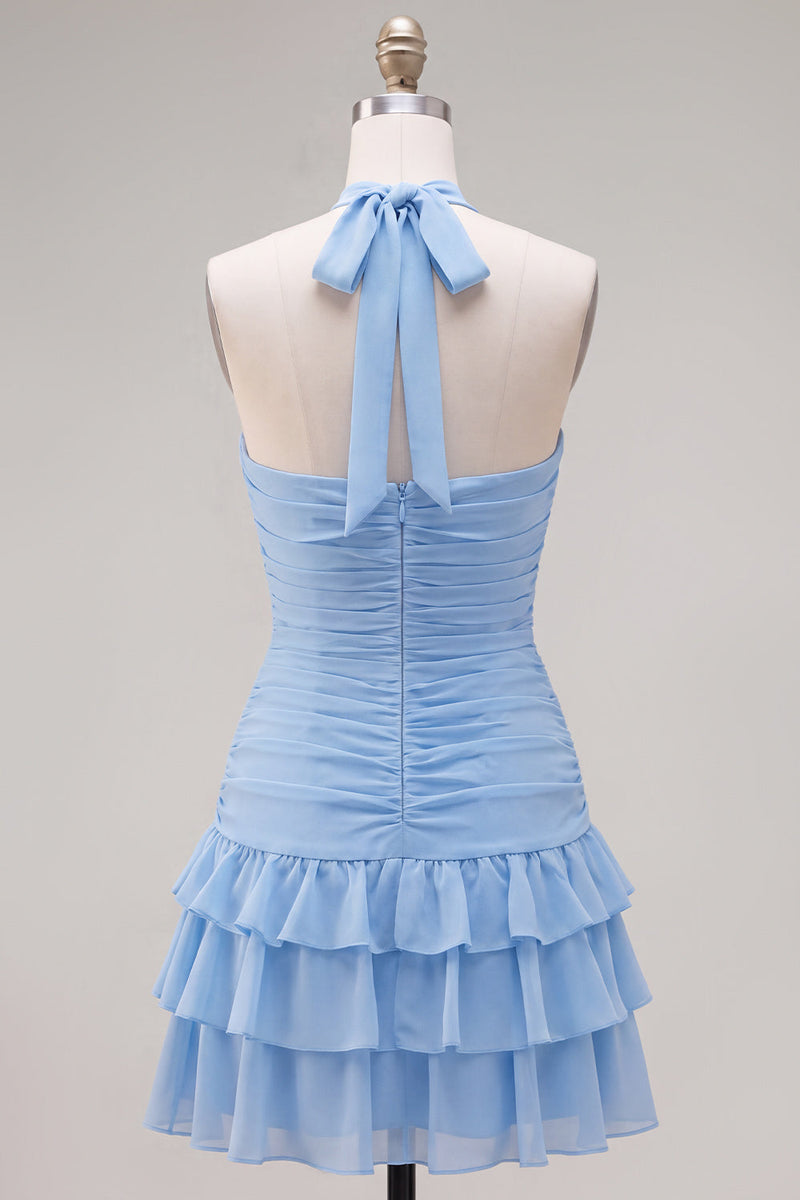 Load image into Gallery viewer, Blue Ruffled Halter Ruched Short Cocktail Dress with 3D Flower