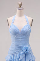Load image into Gallery viewer, Blue Ruffled Halter Ruched Short Cocktail Dress with 3D Flower