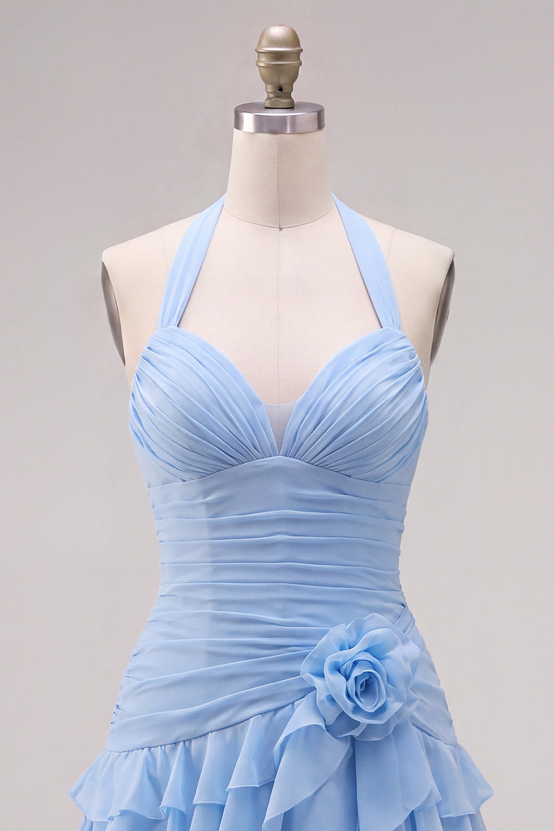 Load image into Gallery viewer, Blue Ruffled Halter Ruched Short Cocktail Dress with 3D Flower