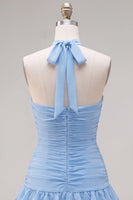 Load image into Gallery viewer, Blue Ruffled Halter Ruched Short Cocktail Dress with 3D Flower