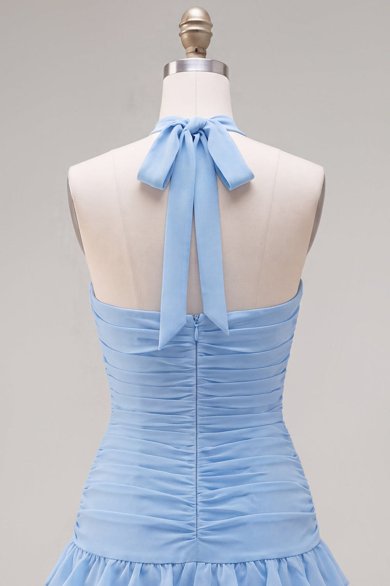 Load image into Gallery viewer, Blue Ruffled Halter Ruched Short Cocktail Dress with 3D Flower