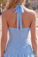 Load image into Gallery viewer, Blue Ruffled Halter Ruched Short Cocktail Dress with 3D Flower