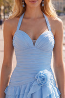 Load image into Gallery viewer, Blue Ruffled Halter Ruched Short Cocktail Dress with 3D Flower