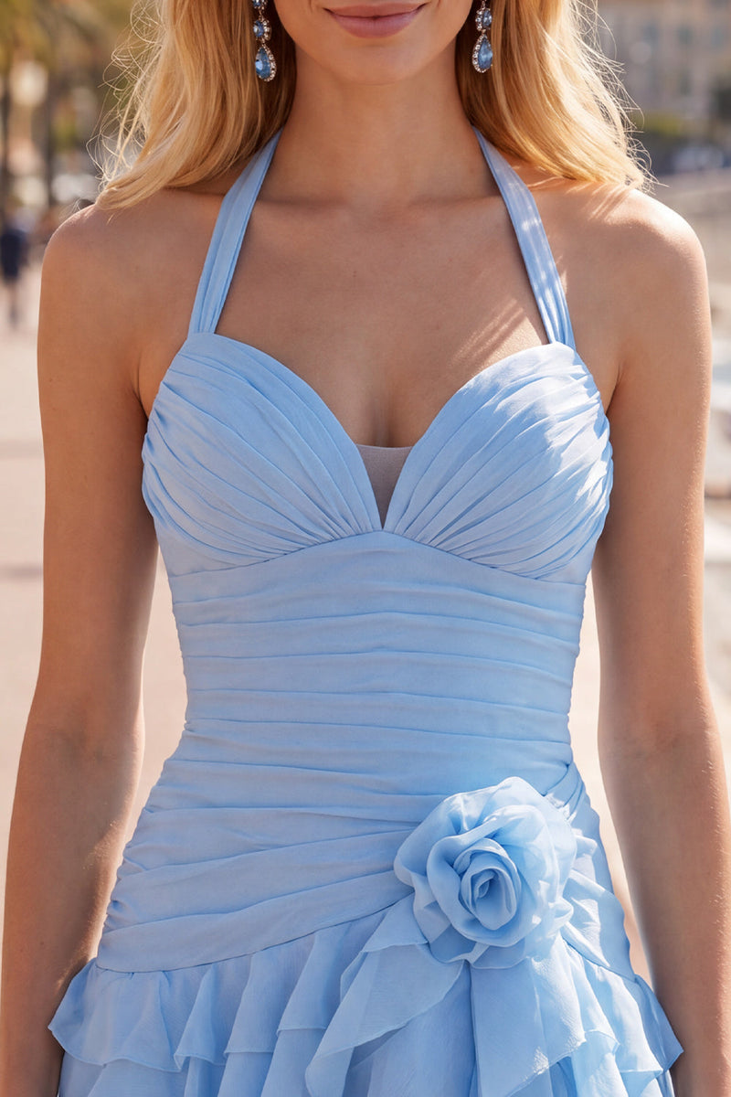 Load image into Gallery viewer, Blue Ruffled Halter Ruched Short Cocktail Dress with 3D Flower