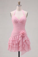 Load image into Gallery viewer, Blue Ruffled Halter Ruched Short Cocktail Dress with 3D Flower