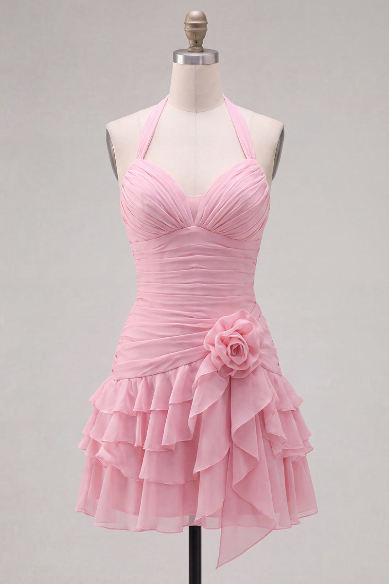 Load image into Gallery viewer, Blue Ruffled Halter Ruched Short Cocktail Dress with 3D Flower