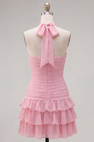 Load image into Gallery viewer, Blue Ruffled Halter Ruched Short Cocktail Dress with 3D Flower