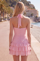 Load image into Gallery viewer, Blue Ruffled Halter Ruched Short Cocktail Dress with 3D Flower