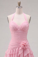 Load image into Gallery viewer, Blue Ruffled Halter Ruched Short Cocktail Dress with 3D Flower