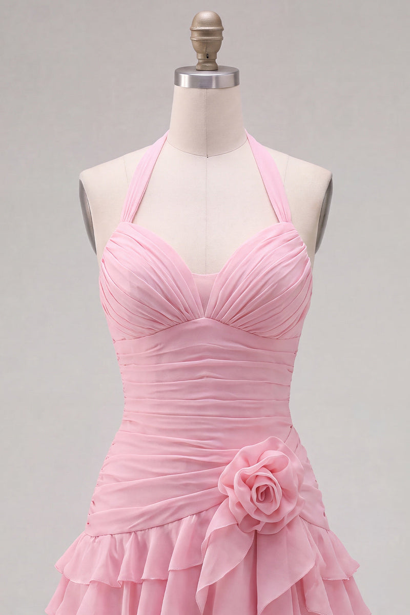 Load image into Gallery viewer, Blue Ruffled Halter Ruched Short Cocktail Dress with 3D Flower