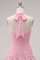 Load image into Gallery viewer, Blue Ruffled Halter Ruched Short Cocktail Dress with 3D Flower