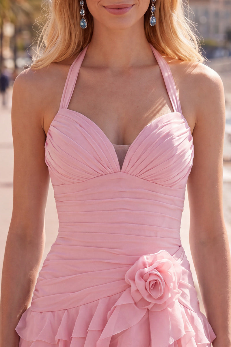 Load image into Gallery viewer, Blue Ruffled Halter Ruched Short Cocktail Dress with 3D Flower