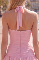 Load image into Gallery viewer, Blue Ruffled Halter Ruched Short Cocktail Dress with 3D Flower