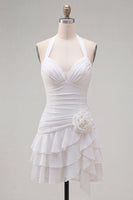 Load image into Gallery viewer, Blue Ruffled Halter Ruched Short Cocktail Dress with 3D Flower