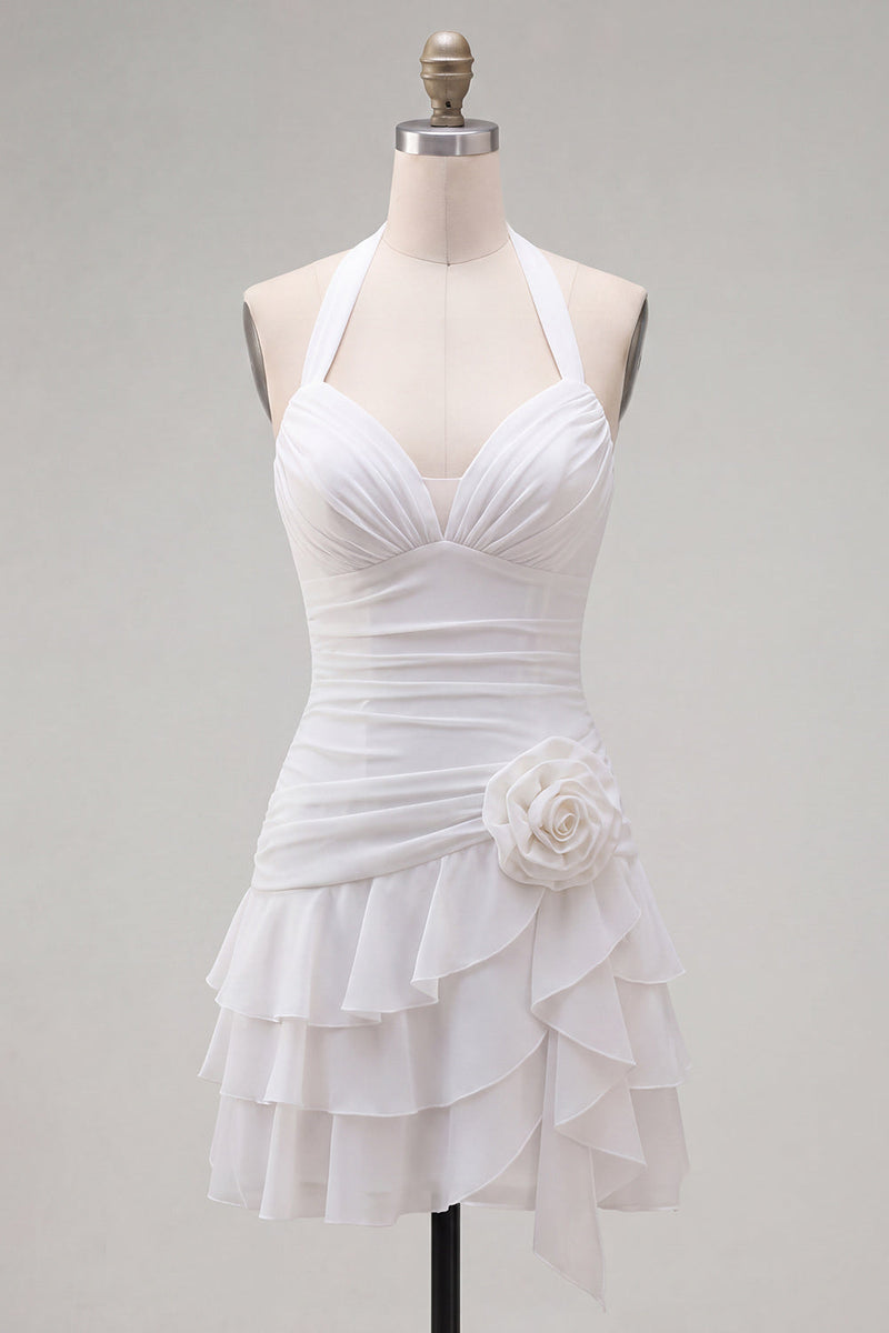 Load image into Gallery viewer, Blue Ruffled Halter Ruched Short Cocktail Dress with 3D Flower