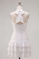 Load image into Gallery viewer, Blue Ruffled Halter Ruched Short Cocktail Dress with 3D Flower