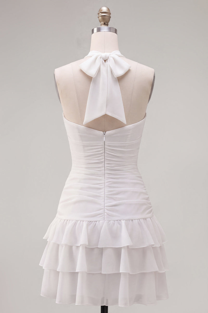 Load image into Gallery viewer, Blue Ruffled Halter Ruched Short Cocktail Dress with 3D Flower