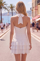 Load image into Gallery viewer, Blue Ruffled Halter Ruched Short Cocktail Dress with 3D Flower