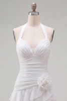 Load image into Gallery viewer, Blue Ruffled Halter Ruched Short Cocktail Dress with 3D Flower