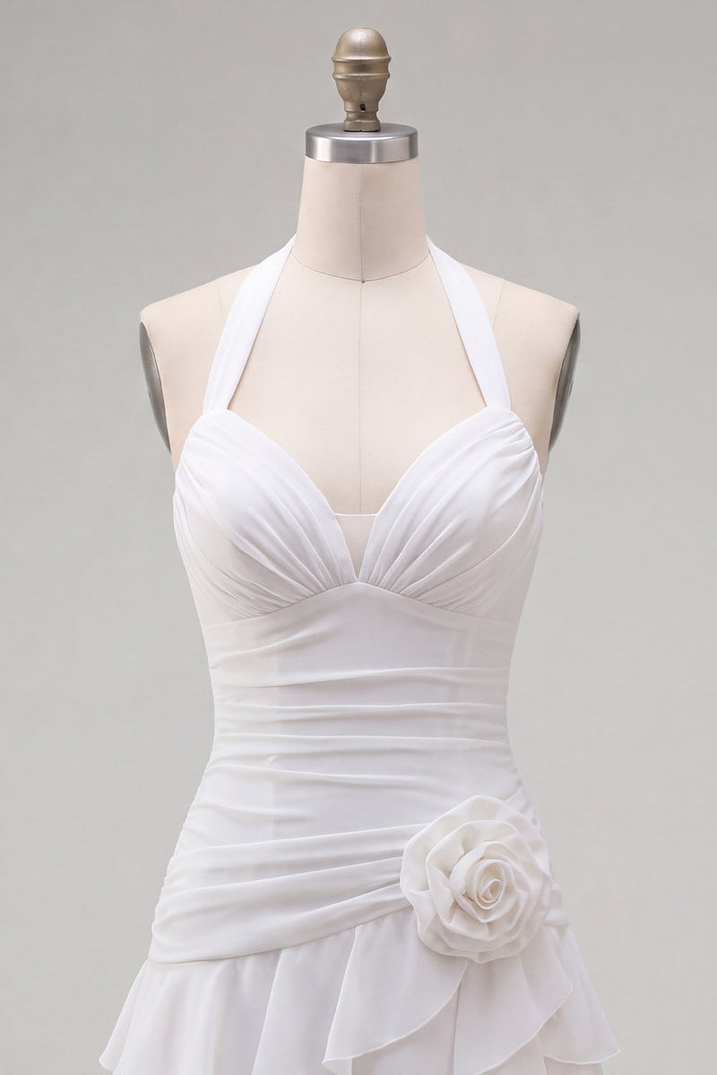 Load image into Gallery viewer, Blue Ruffled Halter Ruched Short Cocktail Dress with 3D Flower