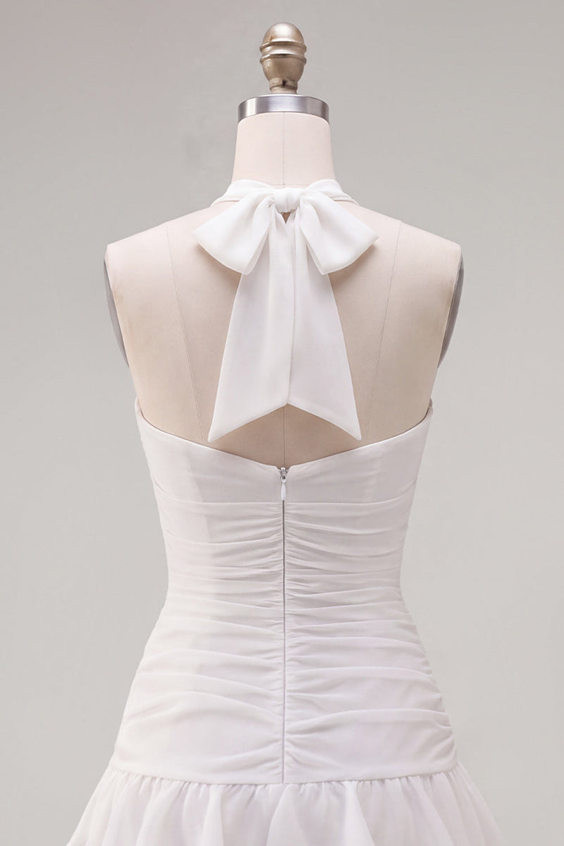 Load image into Gallery viewer, Blue Ruffled Halter Ruched Short Cocktail Dress with 3D Flower