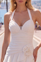 Load image into Gallery viewer, Blue Ruffled Halter Ruched Short Cocktail Dress with 3D Flower